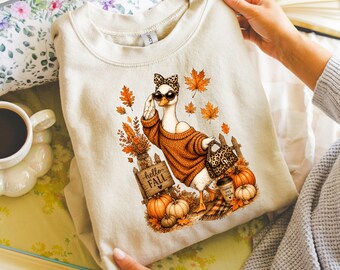 Cute Fall Goose Sweatshirt, Autumn Goose Coffee Tee, Pumpkin Goose Sweatshirt, Coquette Fall Sweatshirt, Cozy Thanksgiving Gift