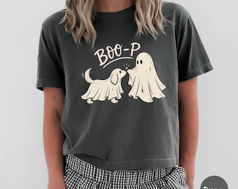 Comfort Colors® Boo-P Ghost Dog Boxy Tee, Cute Halloween Dog Shirt, Funny Ghost Puppy Tee, Spooky Dog Lover Shirt, Retro Halloween Crop Top