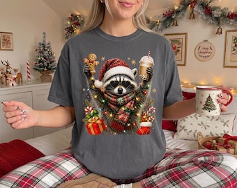 Funny Raccoon Comfort Colors® Shirt Holiday Raccoon T-shirt Retro Animal Aesthetic Tee Cute Tis The Season Coffee Xmas Tshirt