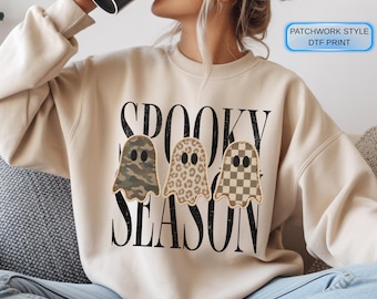 Spooky Season Sweatshirt, Leopard Ghost Hoodie, Camo Ghost Sweatshirt, Checkered Ghost Crewneck, Halloween Ghosts Hoodie, Fall Season Gift