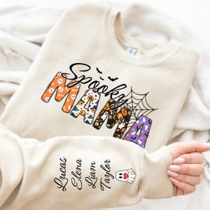 Custom Halloween Spooky Mama Sweatshirt with Kids Name on Sleeve Sweatshirt, Cool Mama Halloween Sweatshirt, Mama Halloween Gift,Custom Mama