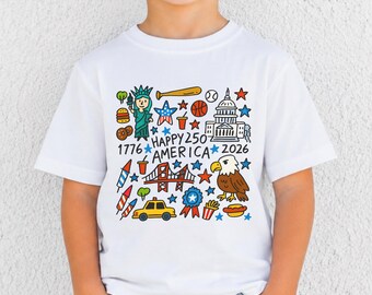 Happy 250 T-Shirt, 1776-2026 USA 250th Anniversary Shirt, Kids Doodle Patriotic USA Tee