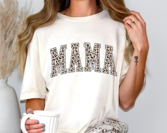 Comfort Colors® Leopard Mama Shirt, Retro Mama Shirt, Christmas Gift for Mom, Xmas Christmas Tee Holiday New Mom Gift Pregnancy Announcement