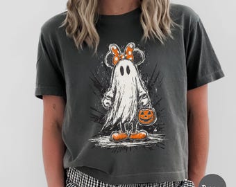 Retro Mickey Minnie Halloween Boxy Tee, Mickey Ghost Shirt, Minnie Ghost Shirt, Spooky Season Crop Top, Disney Halloween Cropped Shirt