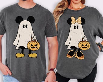 Retro Mickey Minnie Halloween Couple Shirts, Mickey Ghost Shirt, Minnie Ghost Shirt, Spooky Season Shirt, Disney Halloween Family Shirt.