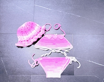 Hand crotchet baby bikini  and  hat , crotchet baby swimsuit, adorable baby bikini, cute  beach outfit,  unique baby gift, Unique baby gift