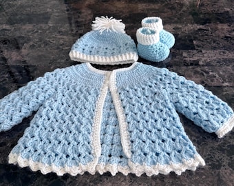 Hand made Baby cardigan, hat, and booties, custom made baby gift, baby shower gift set, baby booties, baby bonnet, baby cardigan, Baby gift