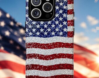 Funda para teléfono con purpurina sintética con la bandera estadounidense, patriótica para iPhone, apoyo a las tropas estadounidenses del 4 de julio, compatible con iPhone 17 Pro Max Plus, Pixel y Samsung S26 Ultra.