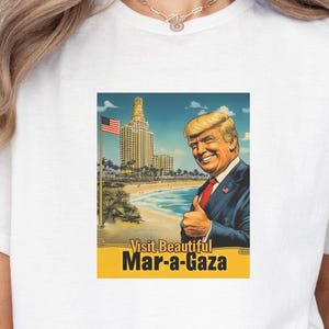 Odwiedź piękną koszulkę Mar-a-Gaza, zabawny żart o pro-USA America & Israel Trump, koszulka z grafiką na pocztówce plażowej, koszulka bawełniana unisex dla kobiet i mężczyzn