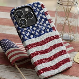 Amerikanische Flagge Faux Glitter Handyhülle, iPhone Case, USA Amerika Vierter Juli iPhone 17 16 15 Pro Max Plus Air Pixel Samsung S26 Ultra