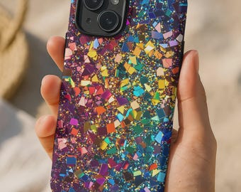 Rainbow Faux Glitter Metallic Confetti Phone Case, Shiny Sparkle Fun iPhone 17 16 15+ Pro Max Plus Air Pixel Samsung Galaxy S25 S24 Ultra FE