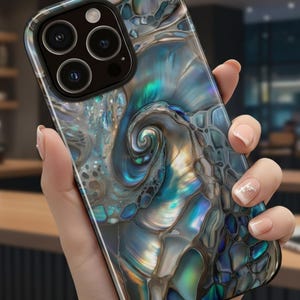 Abalone Swirl Phone Case, Blue Green Pearlescent Mollusk Shell iPhone 16 15 14+ Pro Max Plus, Google Pixel 9 8 7+, Samsung S25 S24+ Ultra FE
