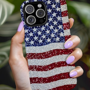 Amerikanische Flagge Faux Glitter Handyhülle, militärisch USA 4. Juli iPhone 16 15 14+ Pro Max Plus Google Pixel 9 8 7+ Samsung S25 S24+ Ultra FE