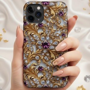 Gold Amethyst & Diamond Phone Case, Beautiful Filigree Bling Faux Gem Jewel, Elegant Pretty iPhone 17 16 15+ Pro Max Plus Air Samsung S25