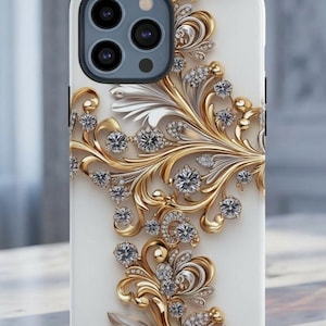 Gold & Diamond White Filigree Printed Phone Case, Bedazzled Bling Jewel Effect, iPhone 17 16 15 14+ Pro Max Plus Air Samsung S25 S24 Cover