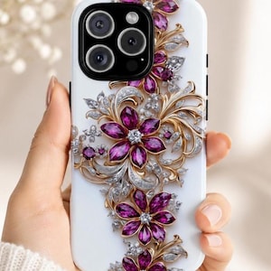 Ruby Crystal Flower Phone Case, Faux Gem Pink Flower Case, Elegant Gold & Diamond Classy Pretty iPhone 17 Pro Max Plus Samsung S26 Ultra