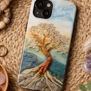 Custodia per telefono Albero della Vita, stampa effetto resina 3D goffrata effetto legno ceramica, colore verde acqua, arte naturalistica, per iPhone 17, 16 Pro Max Plus, Air e Samsung Galaxy S25