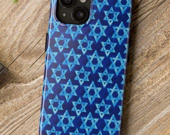 Blue Stars of David Phone Case, Faux Distressed Fabric, Jewish & Israel Pride iPhone 17 16 15 14 X Pro Max Plus Air Samsung