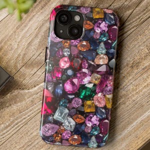 Glittrande ädelstensskal till mobilen, glänsande rubin-turmalin-rosa lila smycken, bling-prydnadsgåva, iPhone 16 15 14 13+ Pro Max Samsung