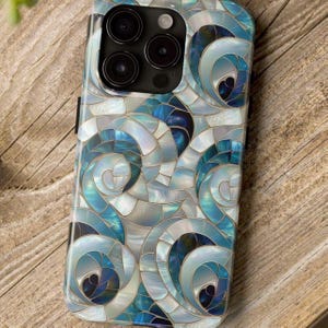 Mother of Pearl Waves Phone Case, Blue Green & White Swirls, Shiny Mosaic Tile Beach iPhone 16 15 14 13+ X Pro Max Plus Samsung S24+ Cover