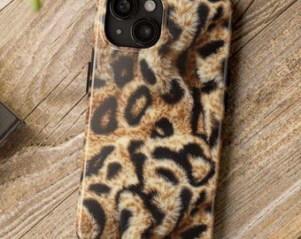 ヒョウ柄ファースマホケース、ファー生地効果、ミンク風プリント、動物