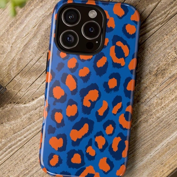 Orange Blue Leopard Print Pattern Phone Case, Bright Neon Mets - Main Image
