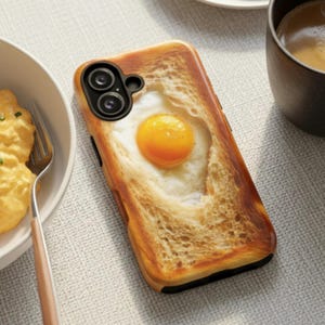 May include: A rectangular smartphone case featuring a realistic photographic print of a slice of toasted bread with a sunny-side-up fried egg in the center. The case has a black camera cutout area and covers the back of the mobile device.