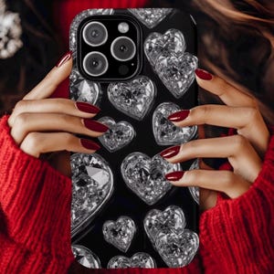 Diamant Herzen Handyhülle, verzauberter Bling Silber Gold Schmuck, ausgefallenes Diva Geschenk für Sie, iPhone 16 15 14 13 12+ Max Pro Plus Samsung Hülle