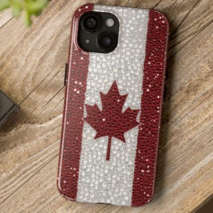 Canada Flag Rhinestone Effect Phone Case, Canadian Pride, Red Maple Leaf, Faux Bedazzled Bling Sparkle iPhone 16 15 14 13+ Pro Max Samsung