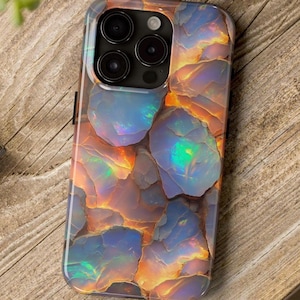 Orange & Blue Opal Phone Case, Green Iridescent Fire Effect, Faux Gemstone Natural Rock iPhone 16 15 14 13 12+ X Pro Max Plus Samsung Galaxy