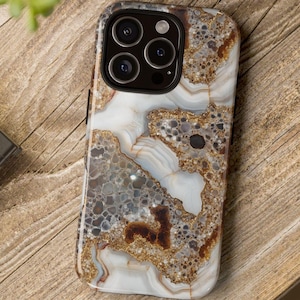 Gold Brown & White Geode Phone Case, Shiny Marble Effect Crystal Quartz iPhone 17 16 15+ Pro Max Plus Air Pixel Samsung Galaxy S25+ Ultra FE