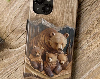 Carved Wood Effect Brown Grizzly Bears Phone Case, Cute Cubs Forest Scene Hunter Animal Lover iPhone 16 15 14 13+ Pro Max Plus Samsung Cover