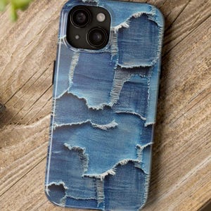 Denim Patches Phone Case, Ripped Blue Jeans Fabric Effect, Sewing Fashion Design, Trendy Unique iPhone 16 15 14 13 12+ Pro Max Samsung Cover