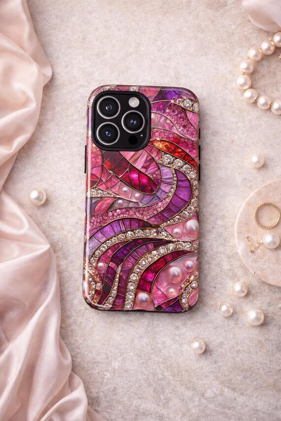 Pink Faux Gem Phone Case, Pearl Rhinestone Glam Design, Marble Jewel Stained Glass iPhone 17 Pro Max Plus Air Pixel Samsung S26 Ultra Cover Pink Faux Gem Phone Case, Pearl Rhinestone Glam Design, Marble Jewel Stained Glass iPhone 17 Pro Max Plus Air Pixel Samsung S26 Ultra Cover