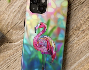 Stained Glass Flamingo Phone Case, Blurred Background, Pink & Green Pastel, Tropical Bird iPhone 16 15 14 13 12+ Pro Max Plus Samsung