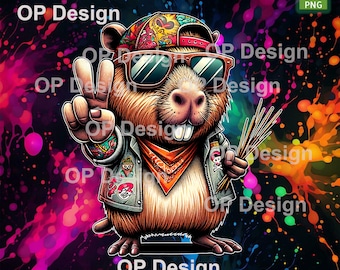Adorable peace Capybara Illustration in Modern Style - Abstract Dark Tones Digital Art - PNG