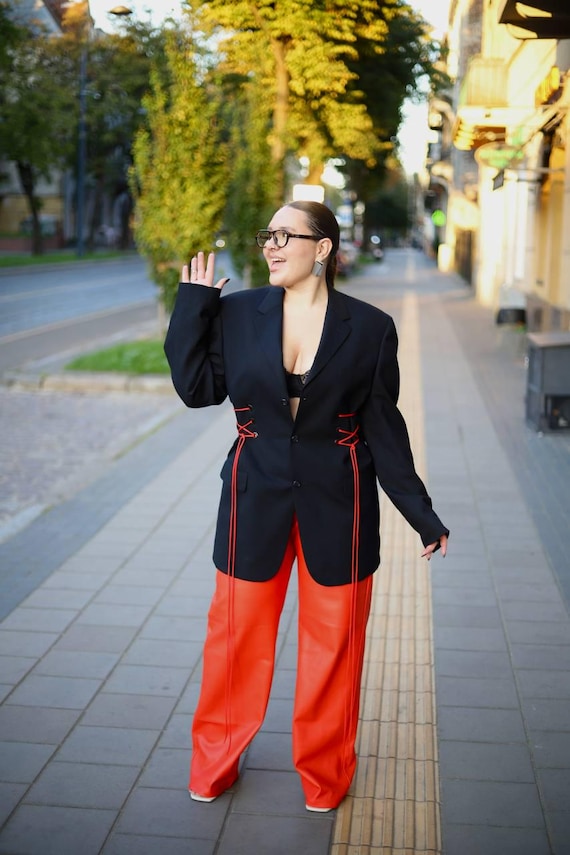 Upcycled Wool Blazer Jacket: Oversized Fit With Red Lacing
