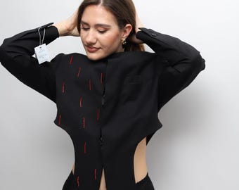 Upcycled Black Blazer With Red Hand-Beaded Details | One-of-a-Kind Statement Jacket