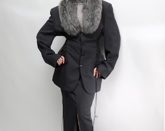 Upcycled Wool Corset Blazer Suit | Faux Fur Collar, Slit Skirt