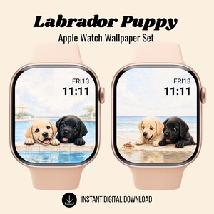 Può includere: Due smartwatch con cinturini rosa chiaro mostrano sfondi per cuccioli di Labrador. Uno mostra una coppia di cuccioli gialli e neri a bordo piscina, l'altro sulla spiaggia. Il testo recita "Labrador Puppy Apple Watch Wallpaper Set".