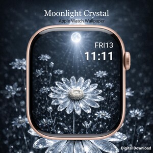 以下が含まれることがあります： ローズゴールドのApple Watchには、クリスタルのデイジーデザインのデジタル壁紙が表示されています。「Moonlight Crystal」と「Apple Watch Wallpaper」の文字が上部にあります。時刻は11時11分、13日の金曜日。「Digital Download」が下部にあります。