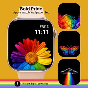 Pode incluir: Um mostrador de smartwatch com um papel de parede de margarida arco-íris e o texto Bold Pride Apple Watch Wallpaper Set. Três ícones quadrados adicionais mostram uma nuvem de fumaça, uma borboleta e um OVNI com um raio de luz arco-íris.