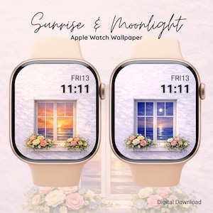 May include: Two Apple Watch displays showcasing sunrise and moonlight scenes. Each watch face displays a window with a sunset or moonlit ocean view, adorned with floral arrangements. The text "Sunrise & Moonlight" and "Apple Watch Wallpaper" are visible.