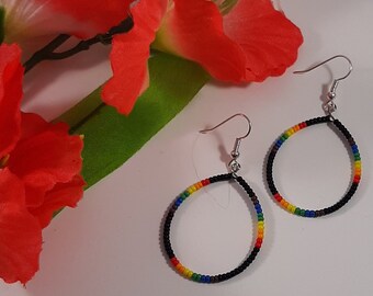 Simple Beaded Tear Drop Hoop Earrings Seed Bead Earrings South Western Style Cowgirl Earrings Boho Rainbow Black