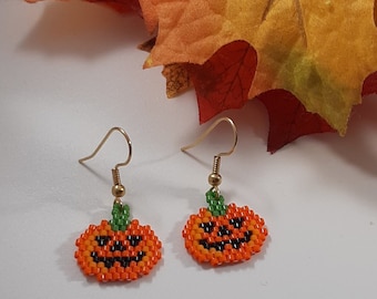 Pumpkin Jack o Lantern Beaded Fall Earrings with Fangs