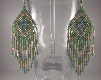 Beaded Fringe Fashion Earrings Green Blue Yellow Pink Seed Beads