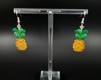 Tropical Pineapple Beaded Fruit Earrings with Seed Beads