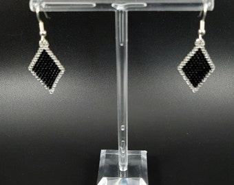 Simple Beaded Black and Silver Diamond Earrings