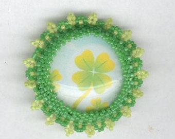 Beaded Brooch Pin St. Patrick's Day Four Leaf Clover, Cameo, Cabochon, Scarf Pin