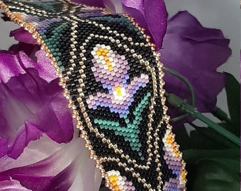 Beaded Floral Cuff Bracelet Purple Iris